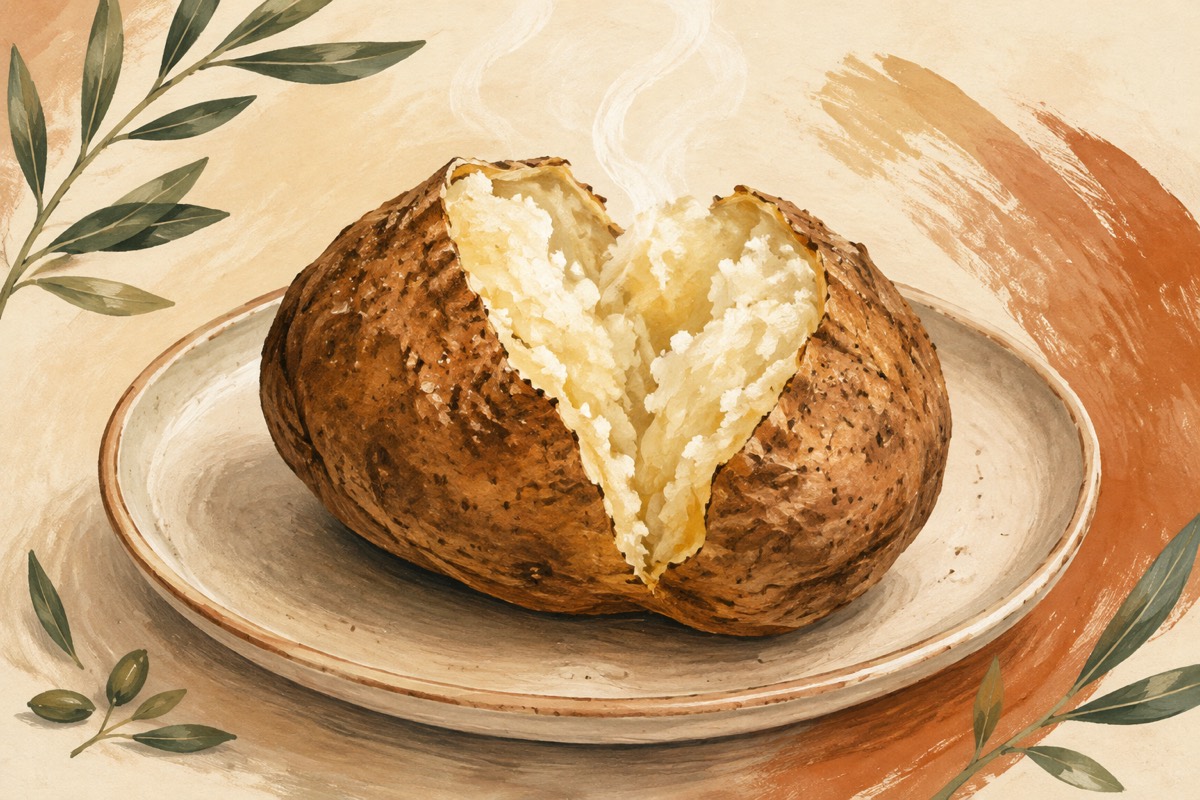 Illustration: A split baked potato with a fluffy center