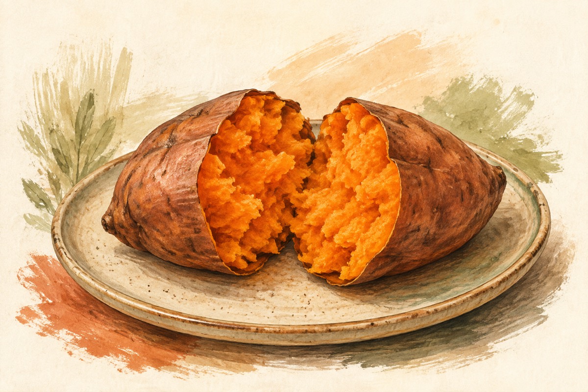 Illustration: A split sweet potato with an orange center