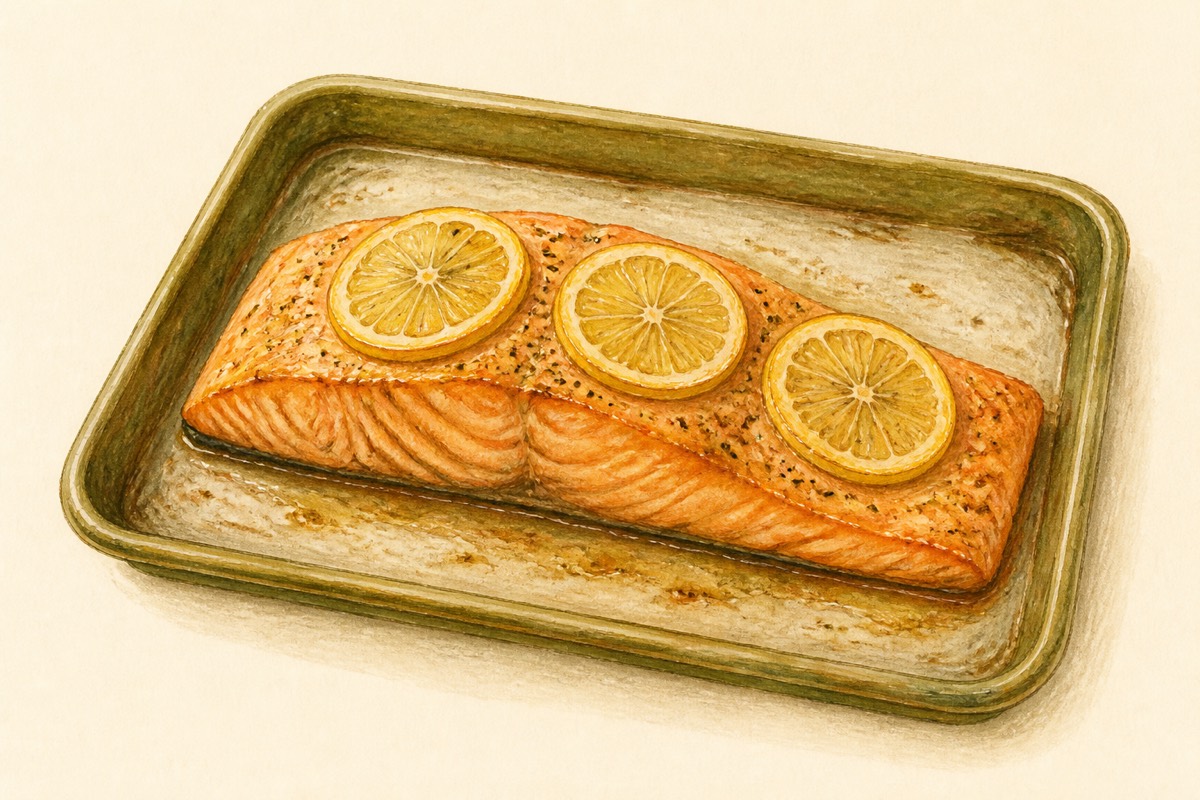Illustration: Cooked salmon and lemon on a tray