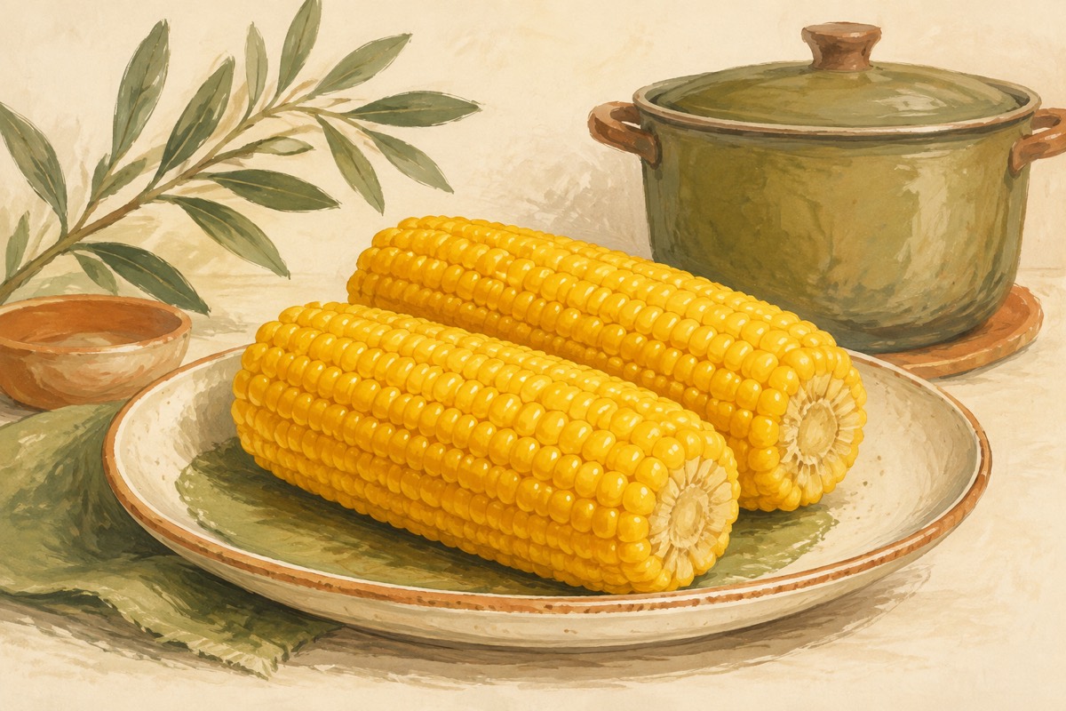 Illustration: Yellow corn cobs beside a cooking pot