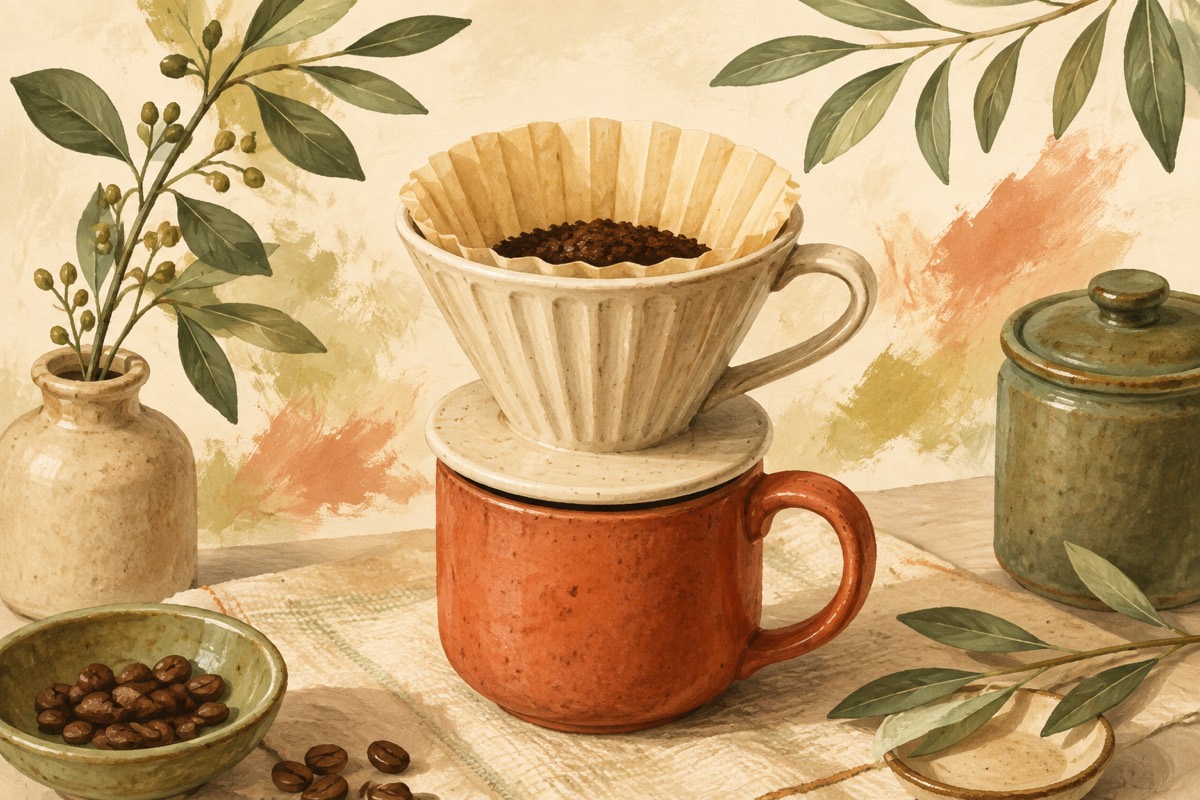 Illustration: A pour-over coffee dripper and mug