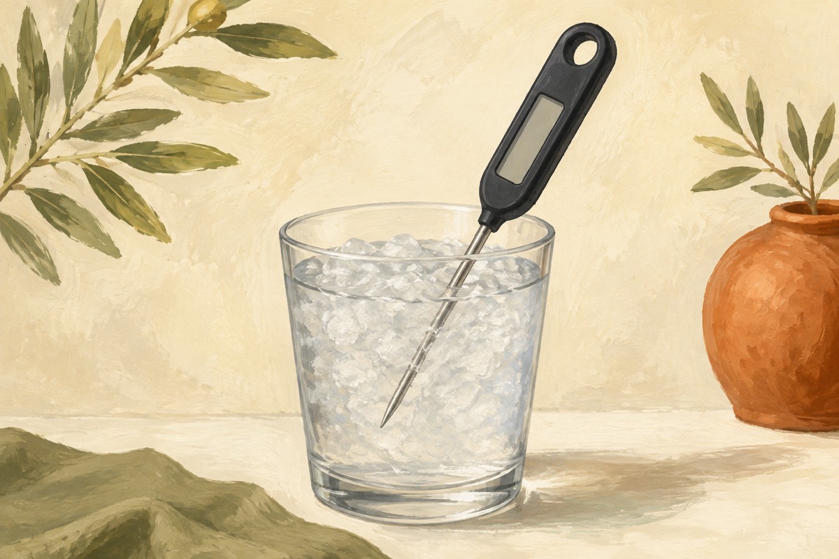 Illustration: A food probe suspended in crushed ice and water