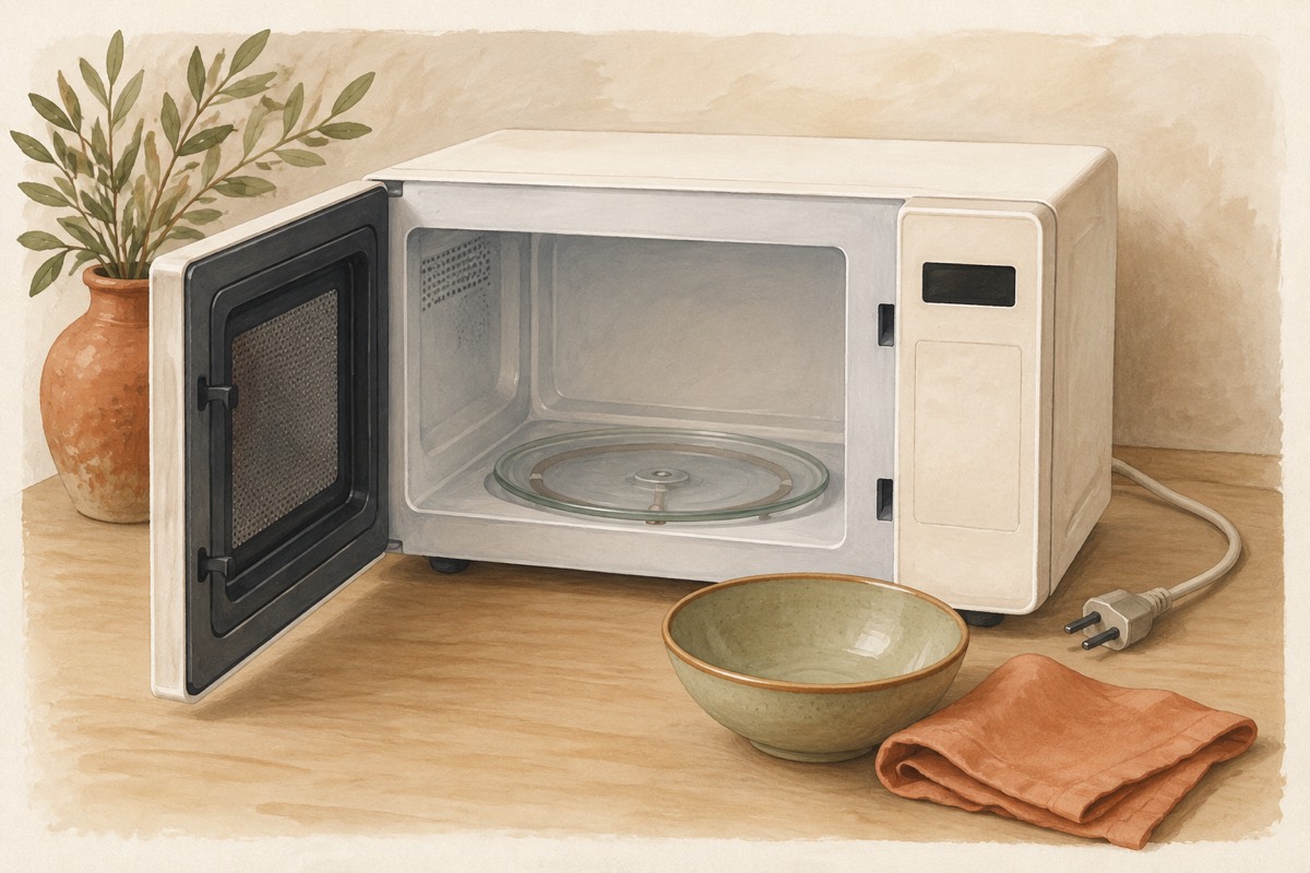 Illustration: A clean open microwave with a cloth