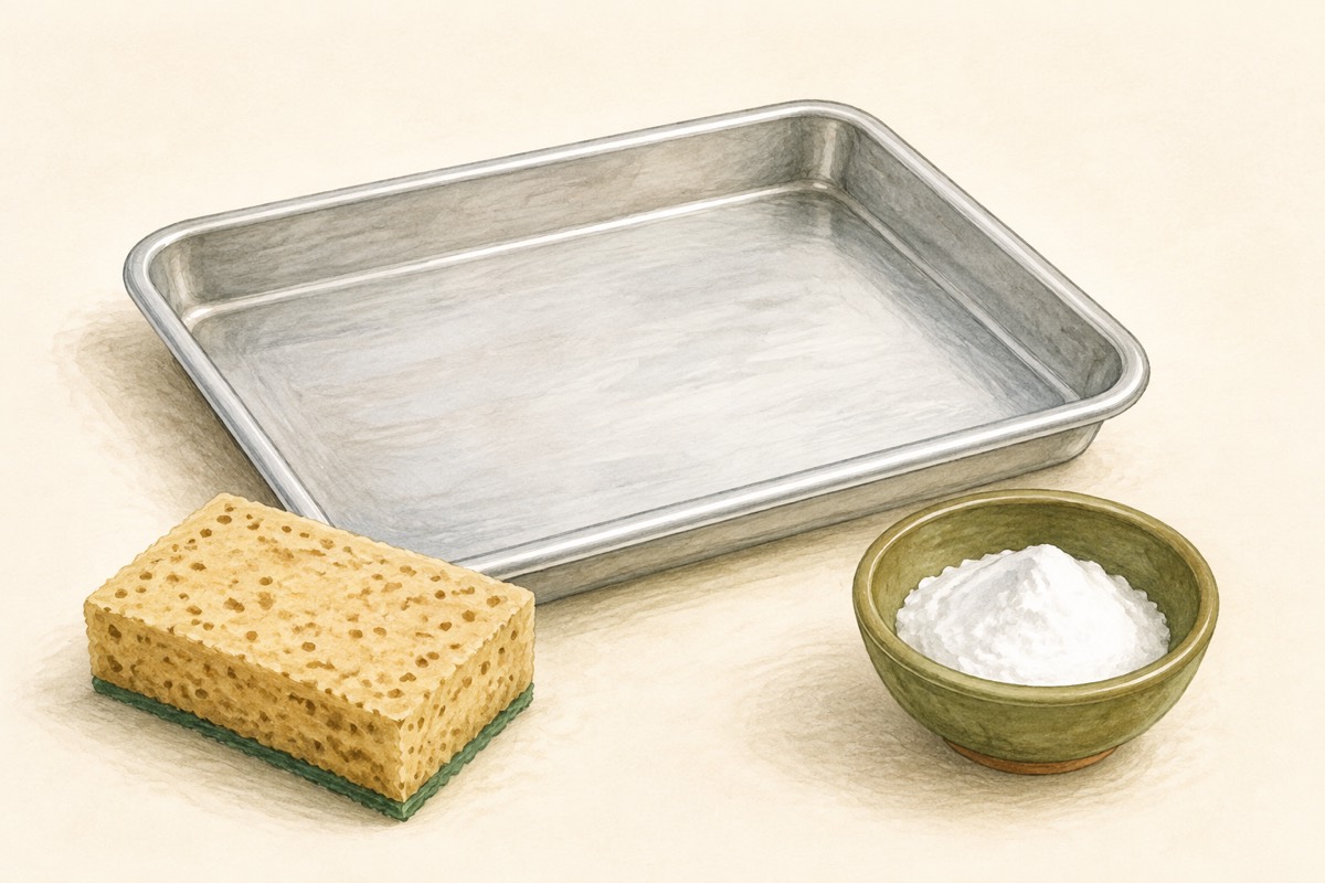 Illustration: An aluminum baking tray and soft sponge