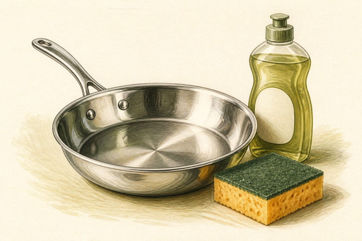 Illustration: A stainless-steel skillet with a soft sponge