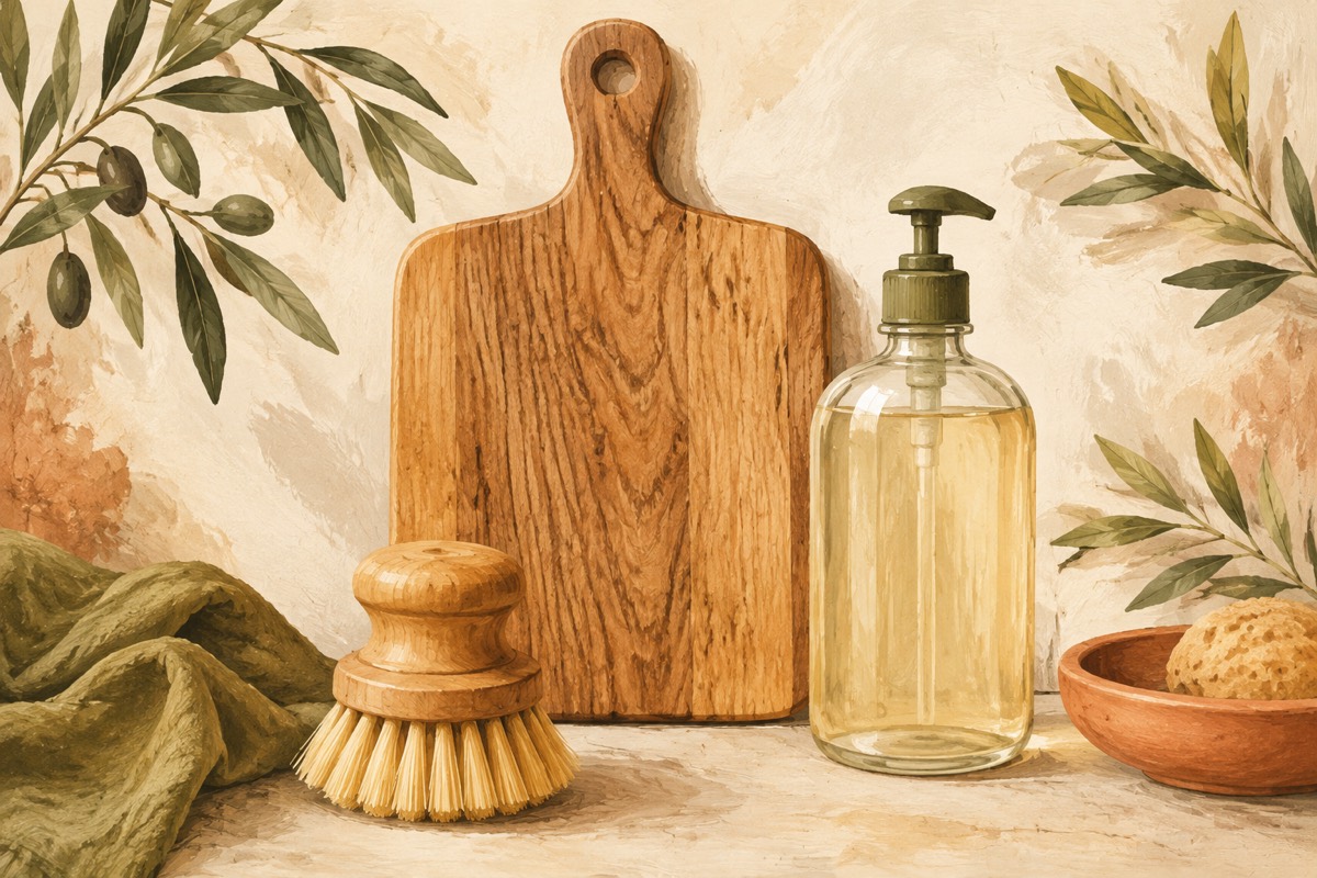 Illustration: A wooden cutting board with a brush and soap