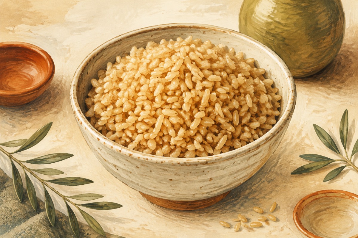 Illustration: Brown rice in a ceramic bowl