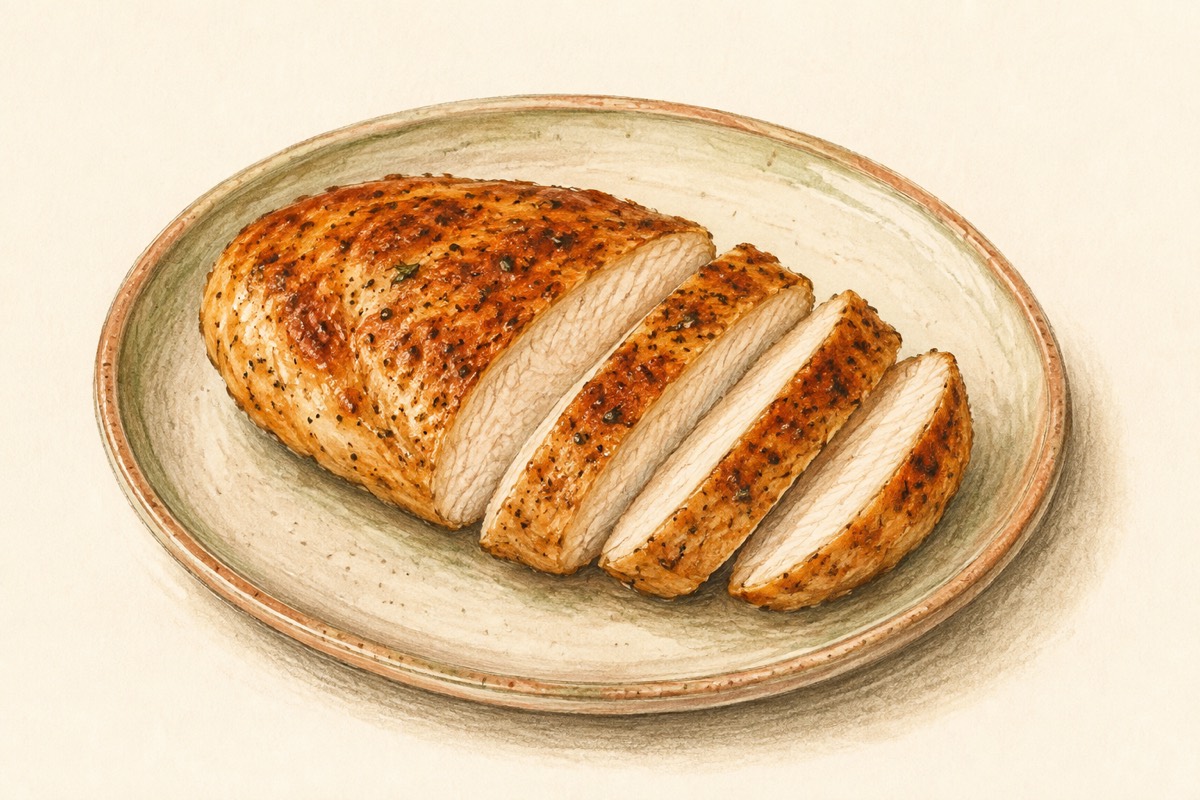 Illustration: Sliced cooked chicken with an opaque center