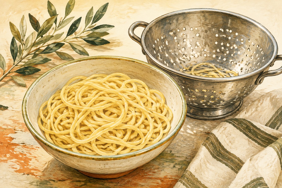 Illustration: Cooked spaghetti beside a colander