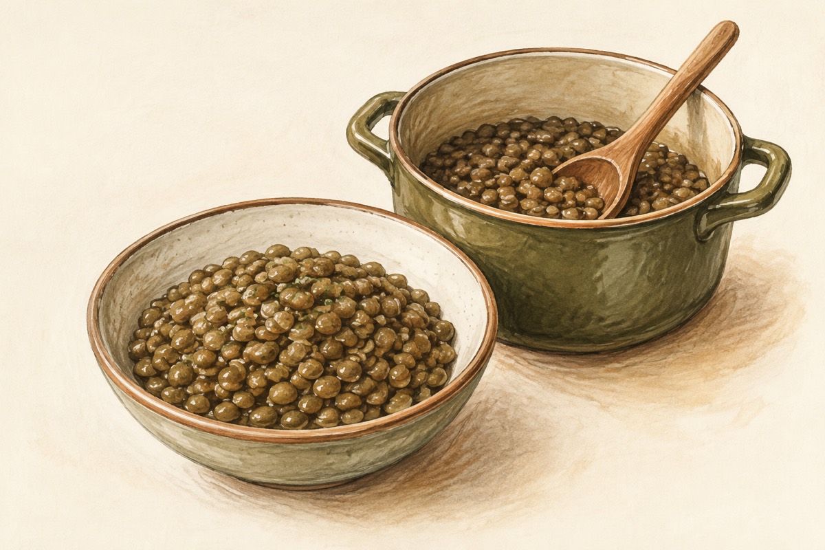 Illustration: Cooked brown-green lentils in a bowl