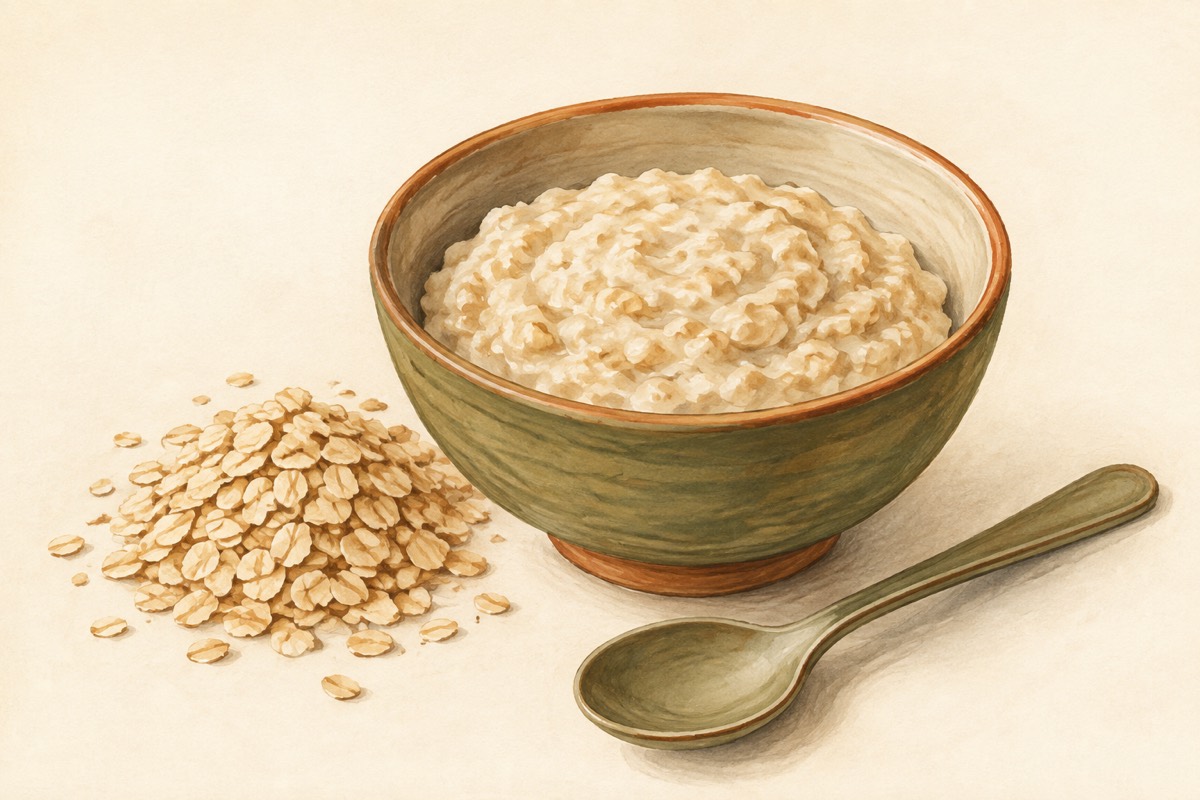 Illustration: Creamy oatmeal with rolled oats and a spoon