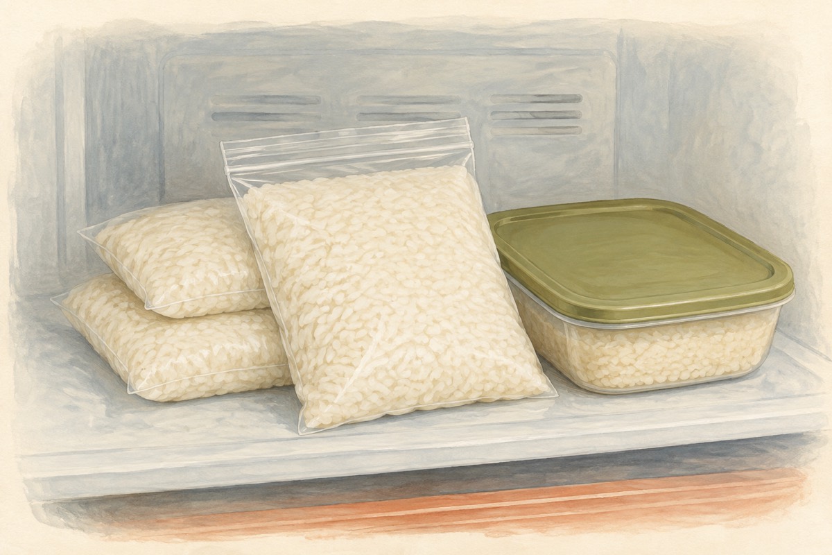 Illustration: Shallow portions of rice packaged for freezing