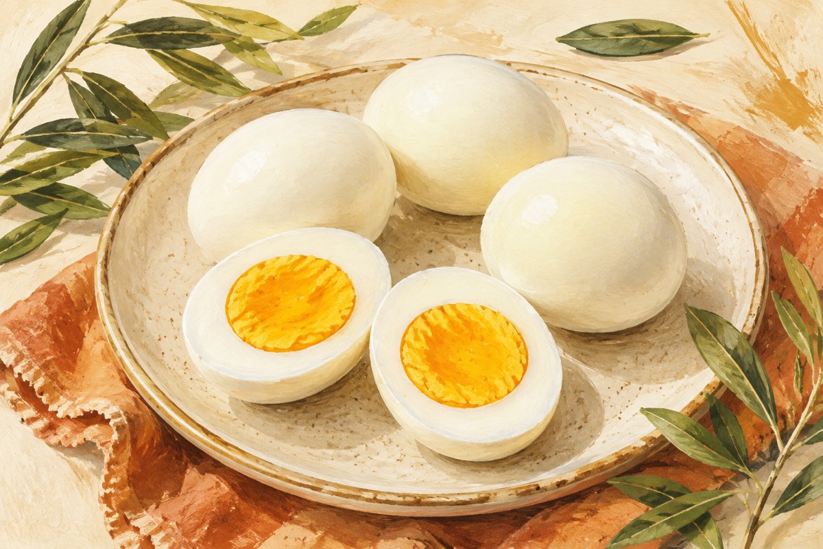 Illustration: Halved hard-cooked eggs with firm yellow yolks