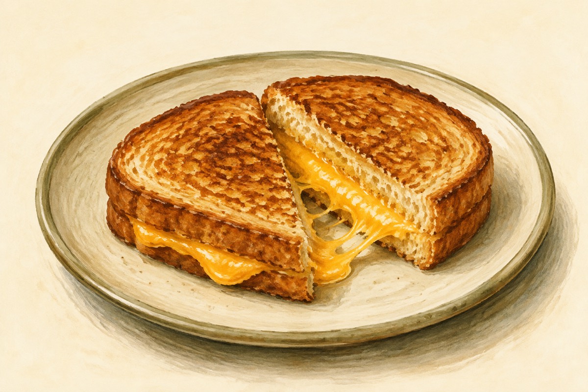 Illustration: A halved grilled cheese sandwich