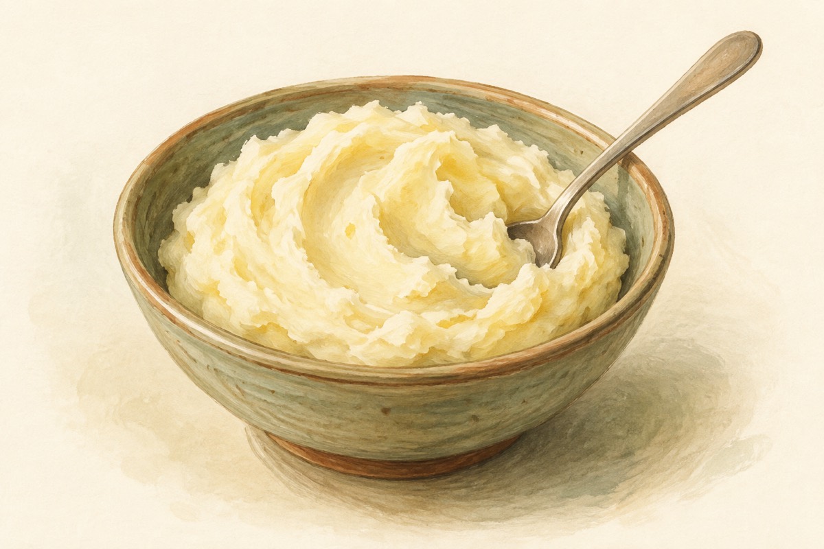 Illustration: Mashed potatoes in a bowl with a spoon