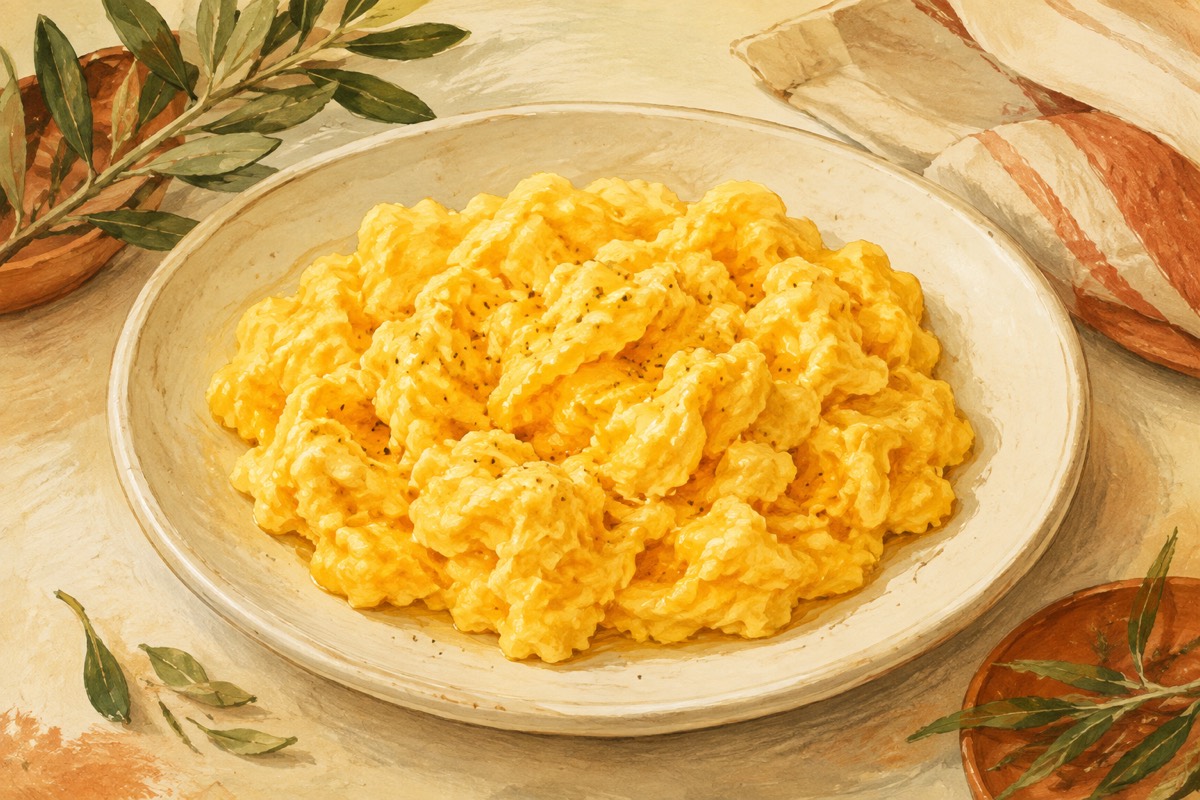 Illustration: Set scrambled egg curds on a ceramic plate