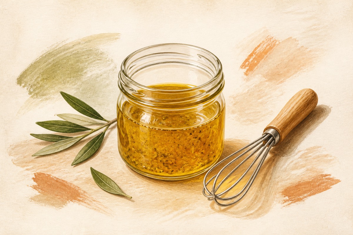 Illustration: A jar of oil-and-vinegar dressing