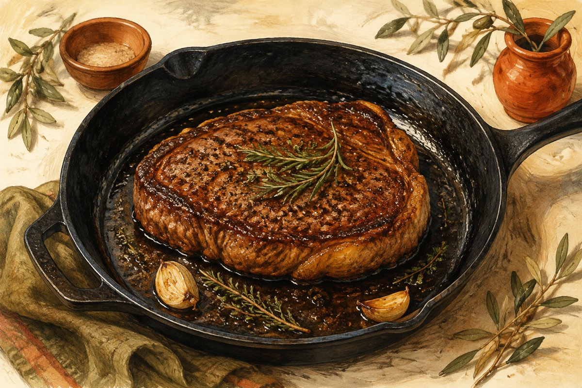 Illustration: A browned whole steak in a skillet