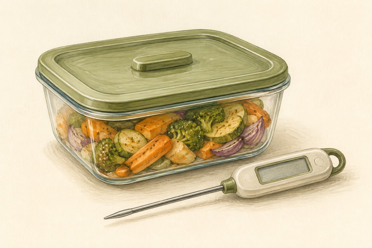 Illustration: A covered food dish beside a probe thermometer