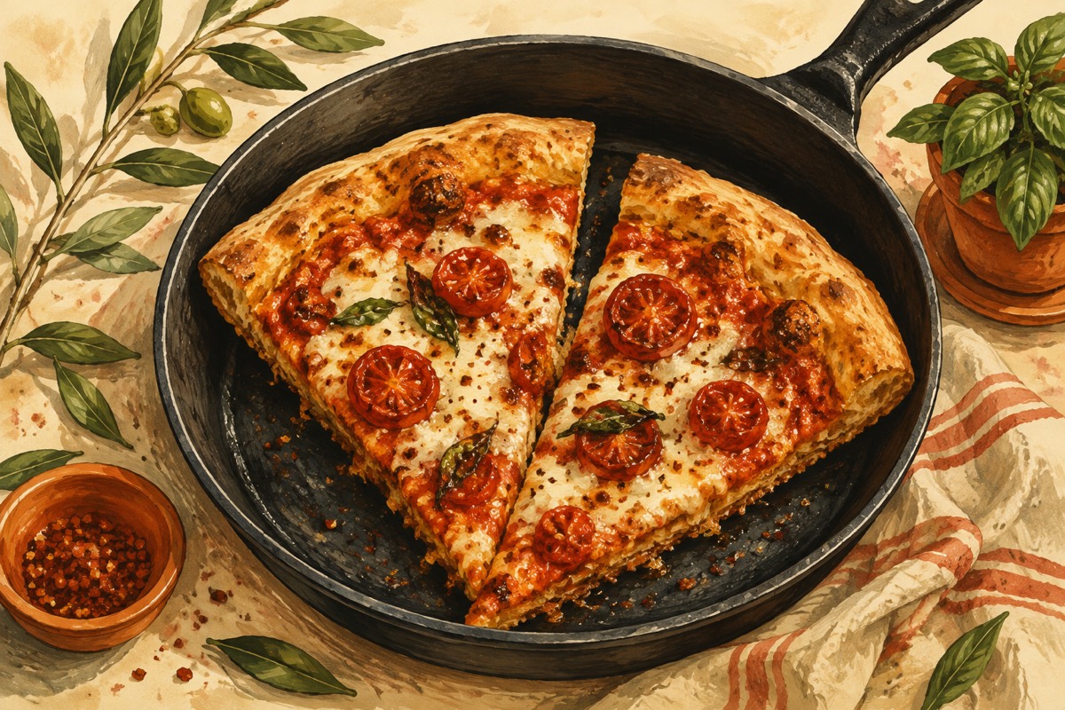 Illustration: Pizza slices in a skillet
