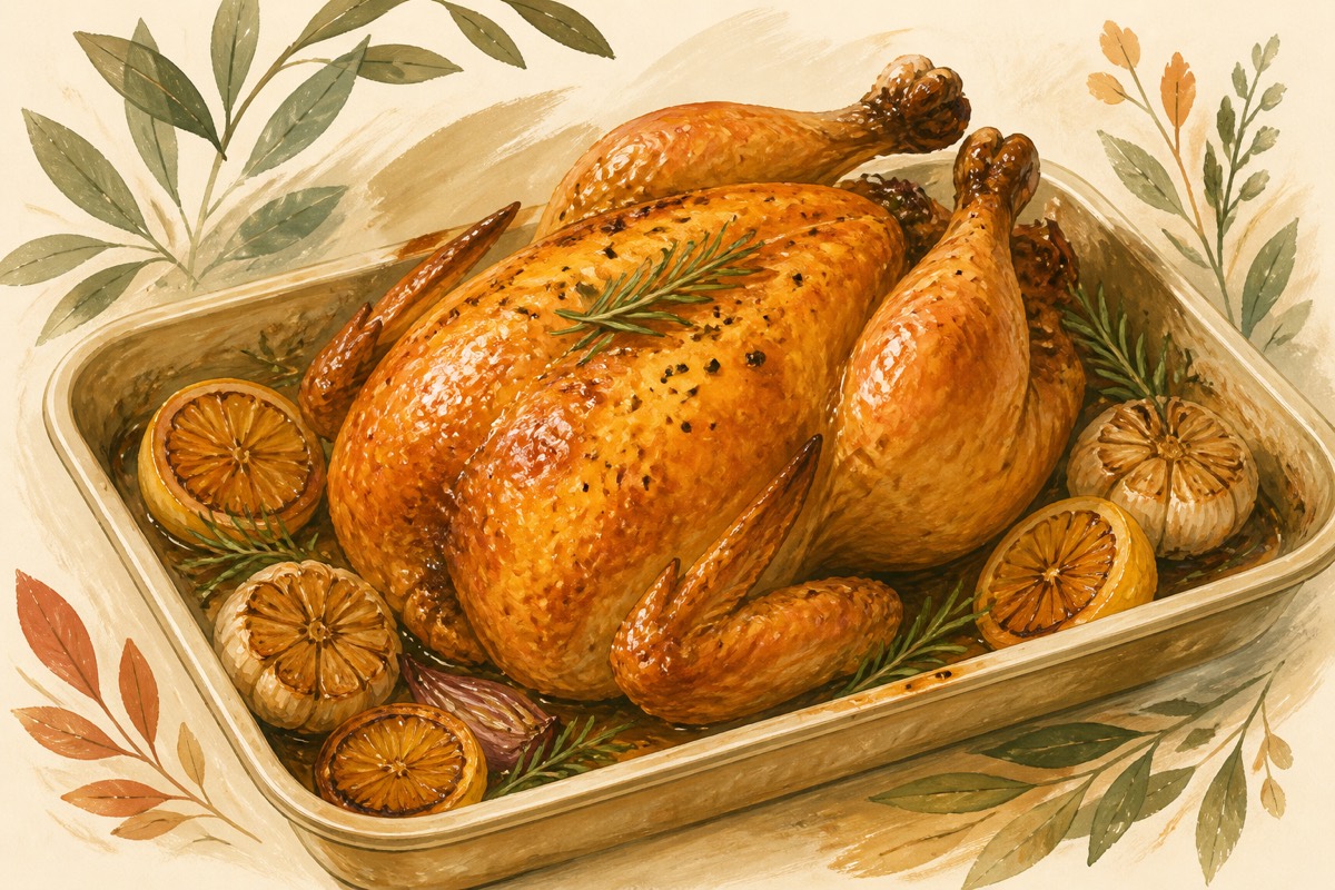 Illustration: A golden roast chicken on a tray