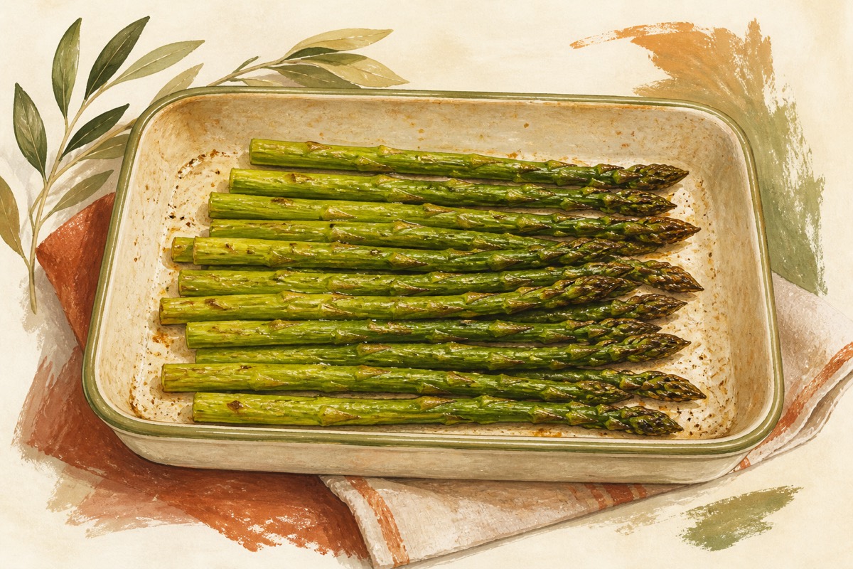 Illustration: Roasted asparagus spears on a tray