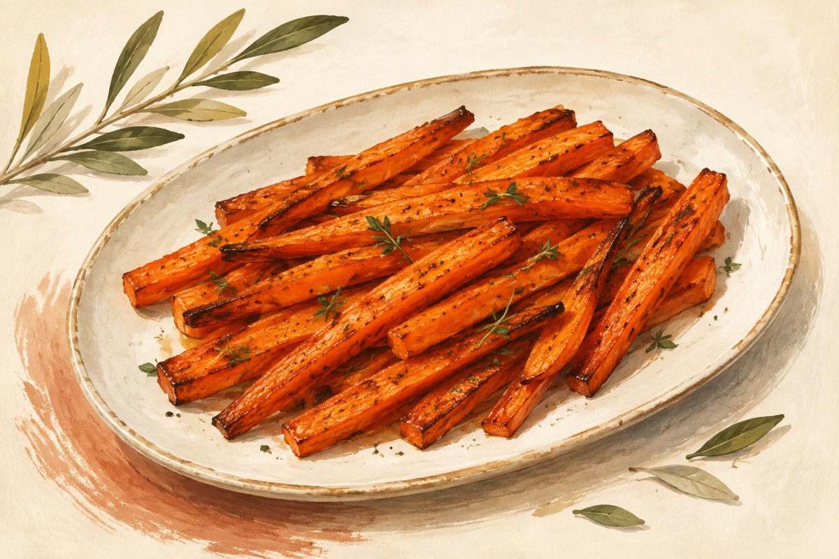 Illustration: Roasted carrot sticks on a platter
