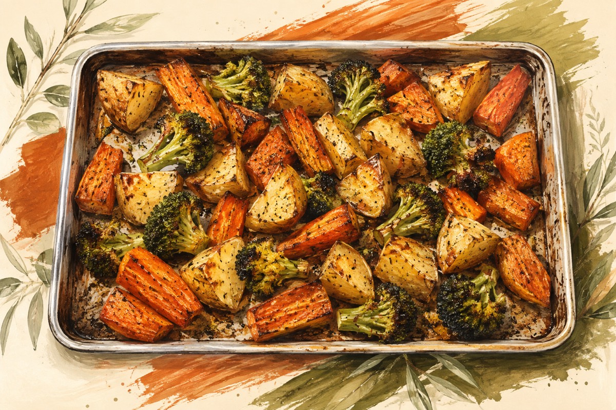 Illustration: Colorful roasted vegetable pieces on a tray