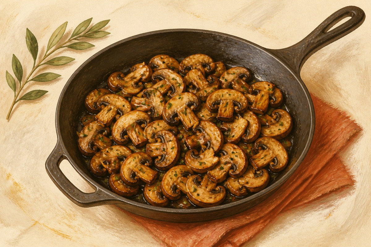 Illustration: Browned mushroom slices in a skillet