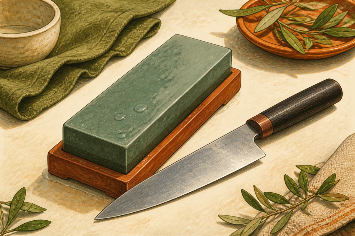 Illustration: A chef knife beside a whetstone