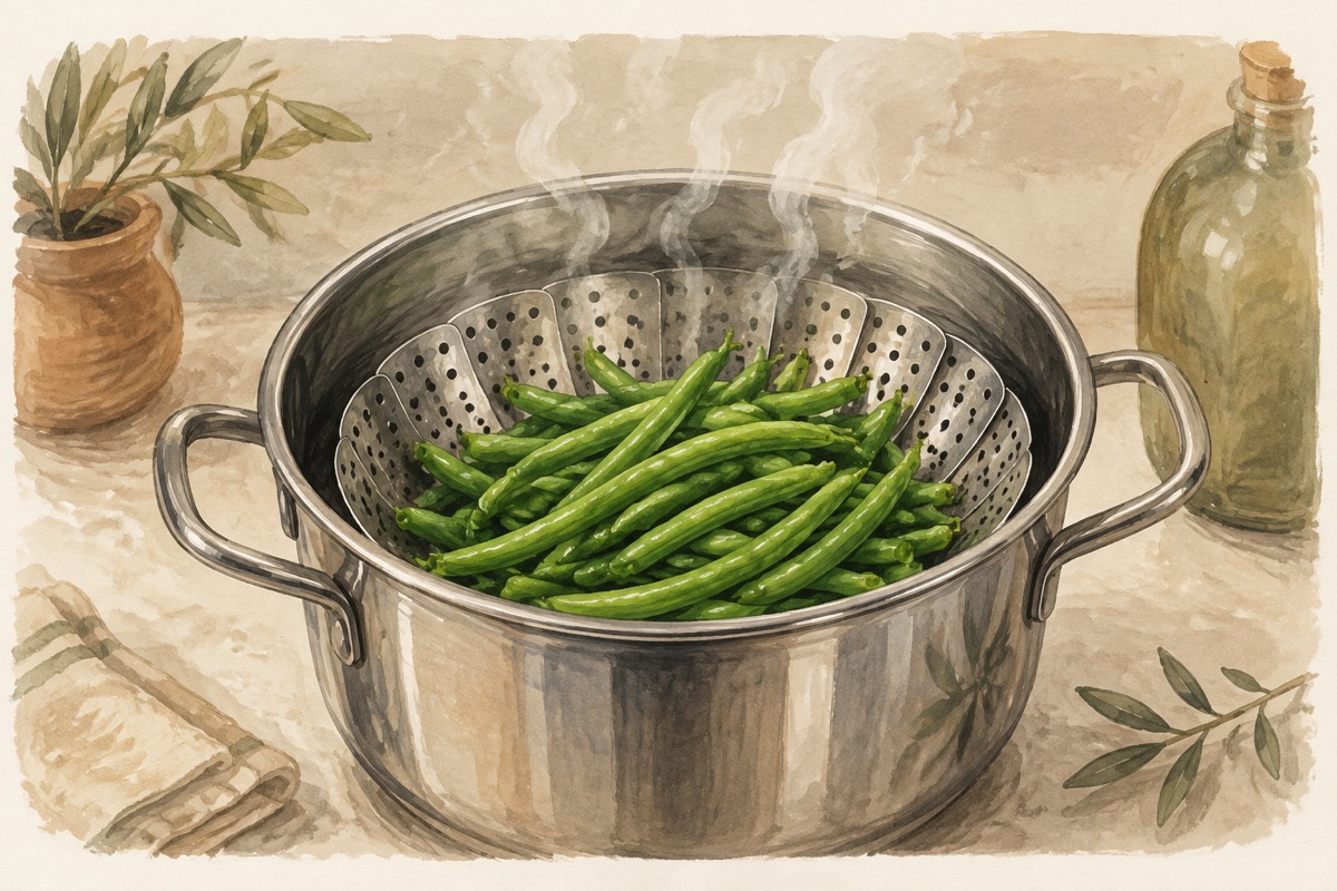 Illustration: Green beans in a steamer basket