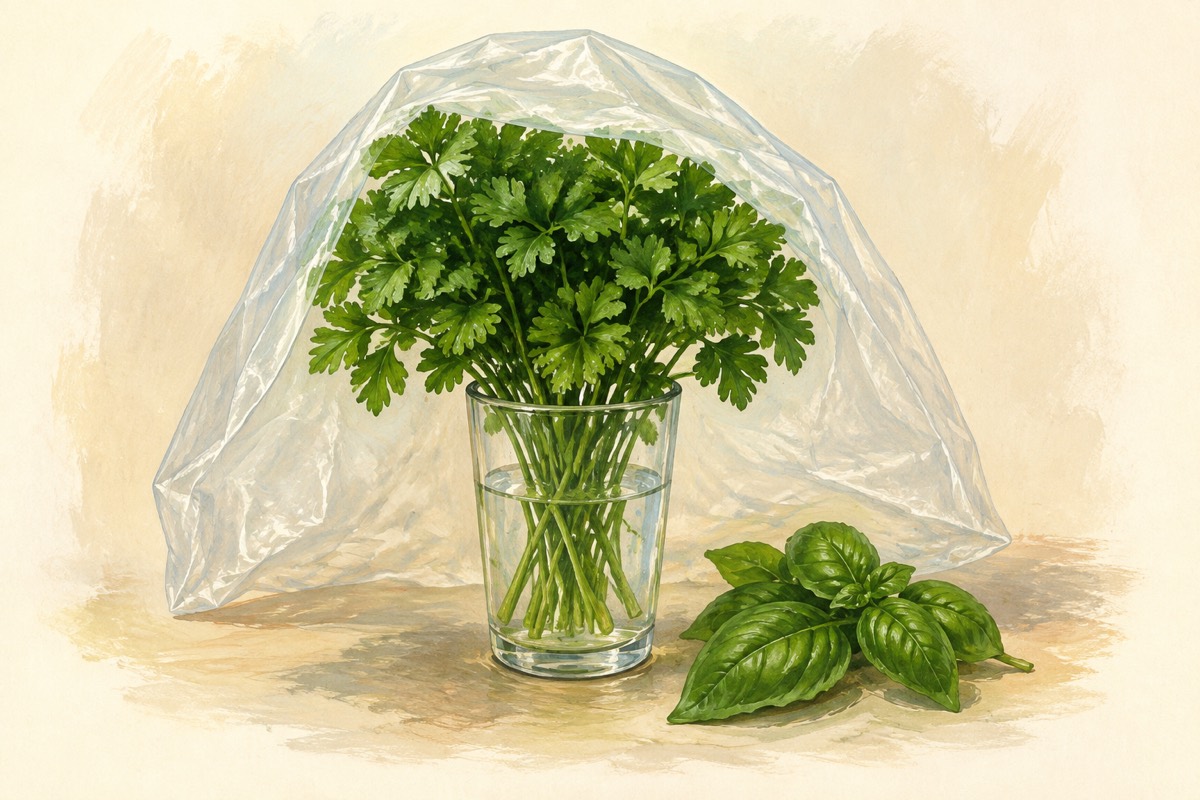 Illustration: Fresh herbs standing in a glass with a loose cover