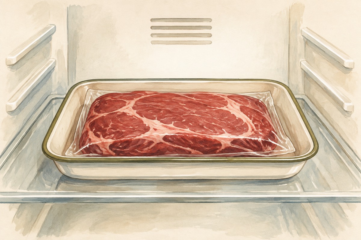 Illustration: Sealed meat on a rimmed tray in a refrigerator