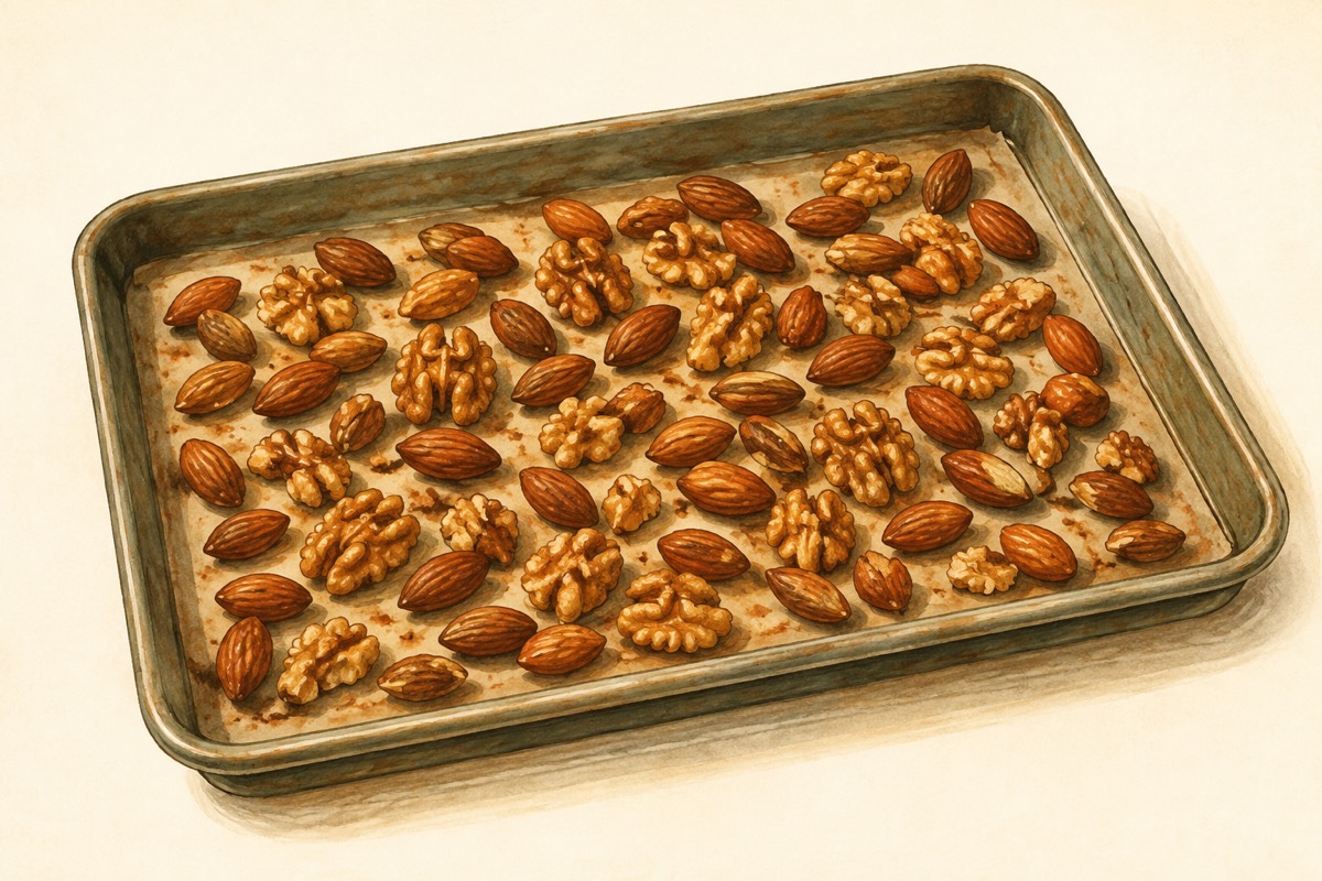Illustration: Toasted nuts spread on a baking tray