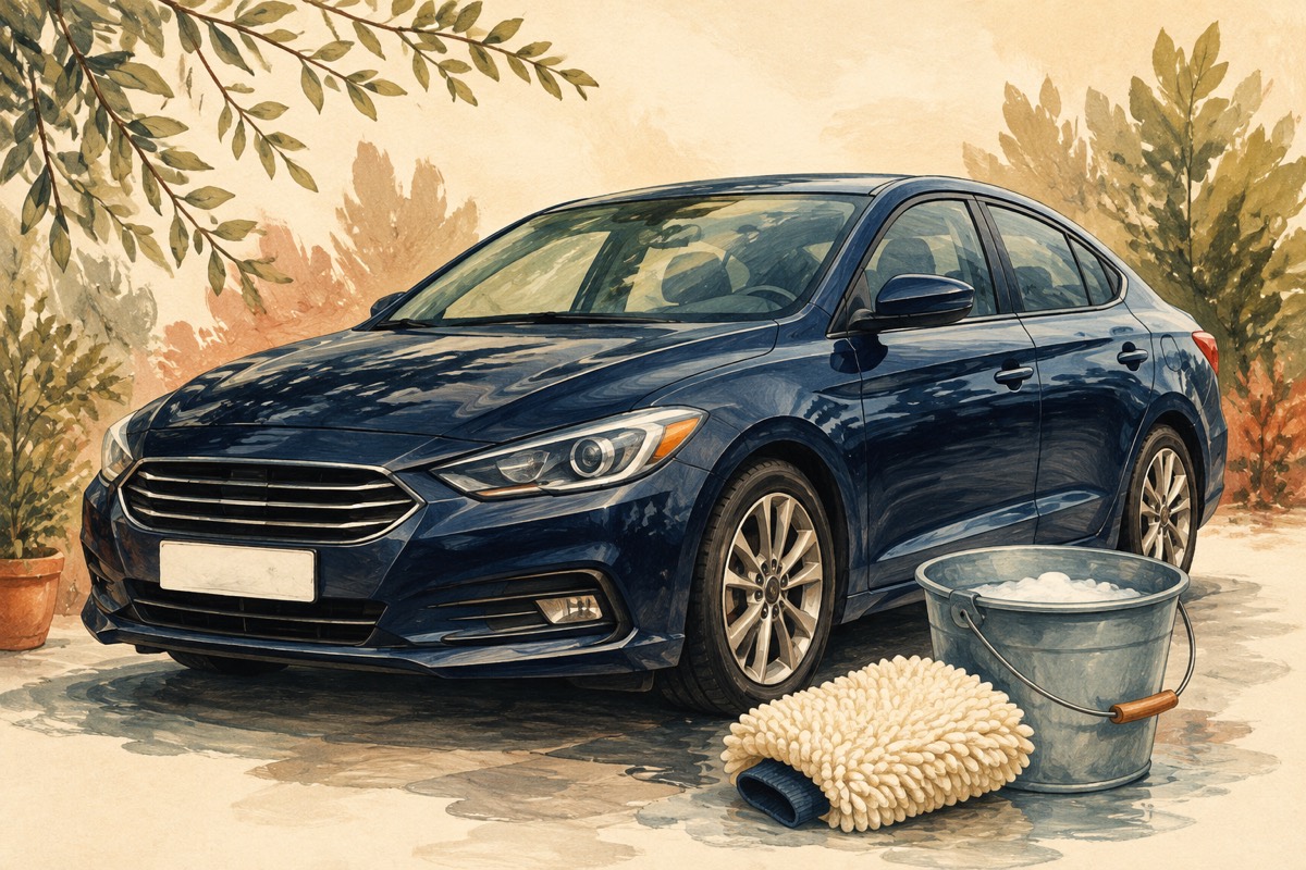 Illustration: A blue car with a bucket and wash mitt