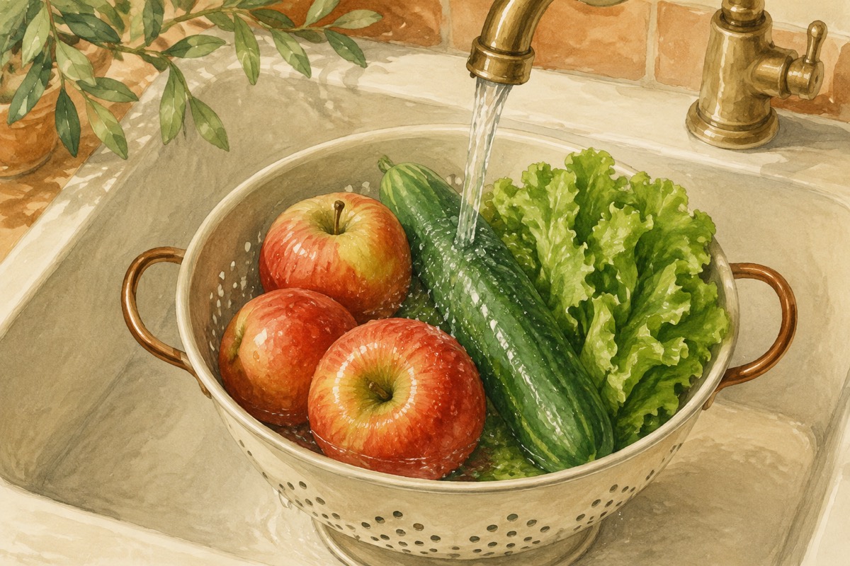 Illustration: Produce in a colander under running water