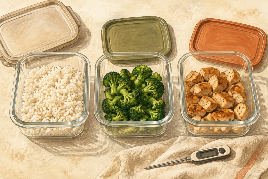 Editorial illustration of shallow leftover containers and a food thermometer